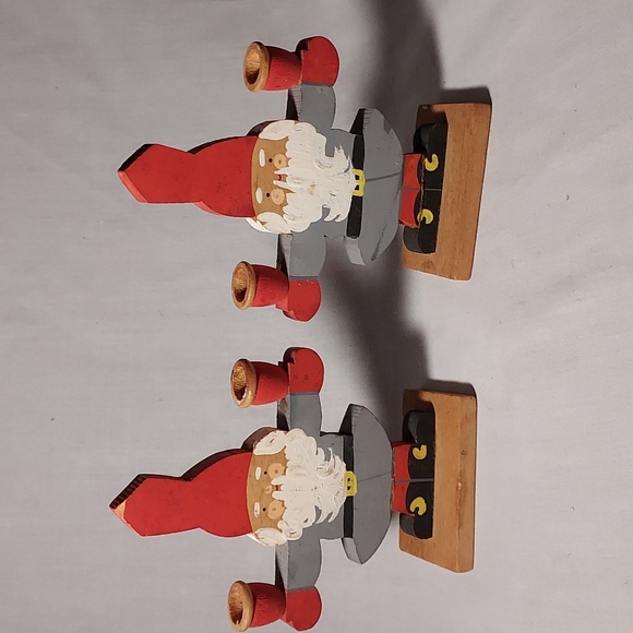 Vintage Made in Sweden Wood Carved Santa Clause Candle Holders Hand Painted - Picture 1 of 6